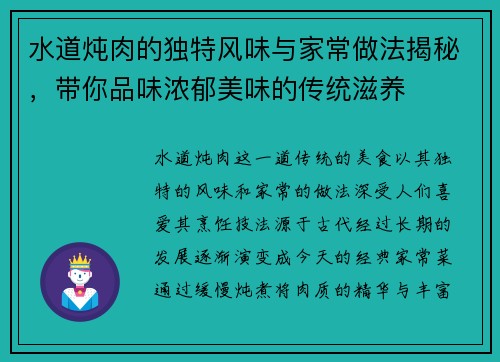 水道炖肉的独特风味与家常做法揭秘，带你品味浓郁美味的传统滋养